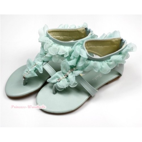 Light Blue Flower Lacing Pearl T-Strap Flat Ankle Sandals 001-494Light Blue 